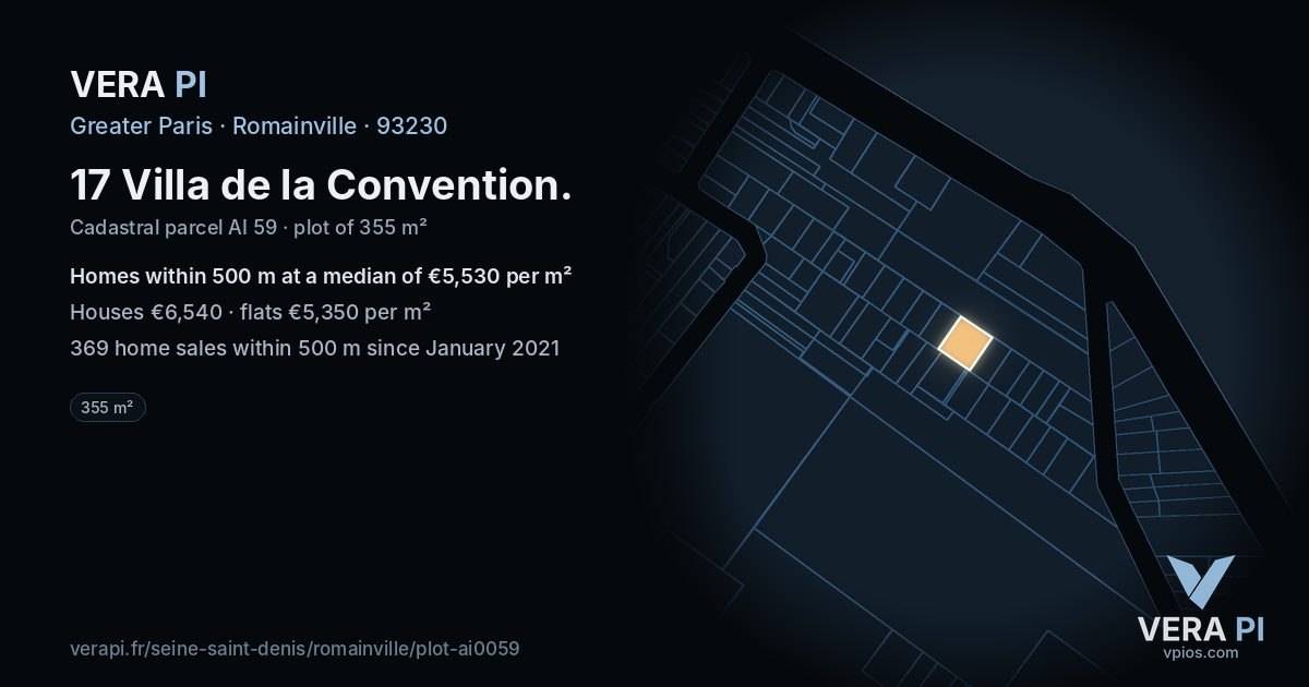 17 Villa de la Convention, Romainville at night – the plot lit, the parcels around coloured by the prices near them