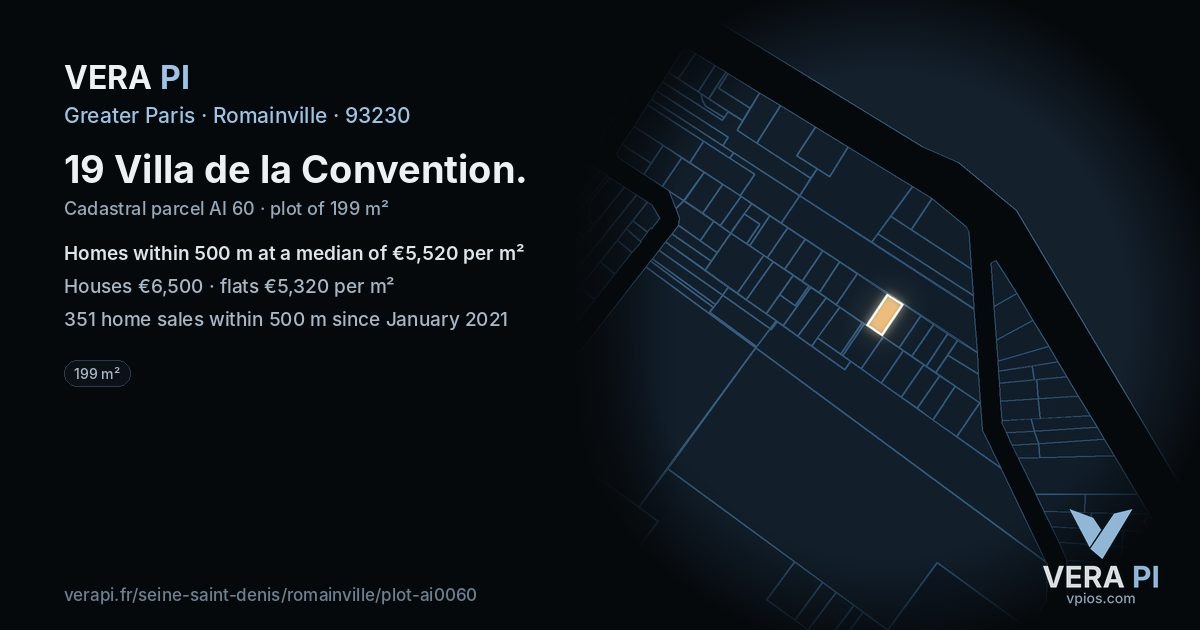 19 Villa de la Convention, Romainville at night – the plot lit, the parcels around coloured by the prices near them