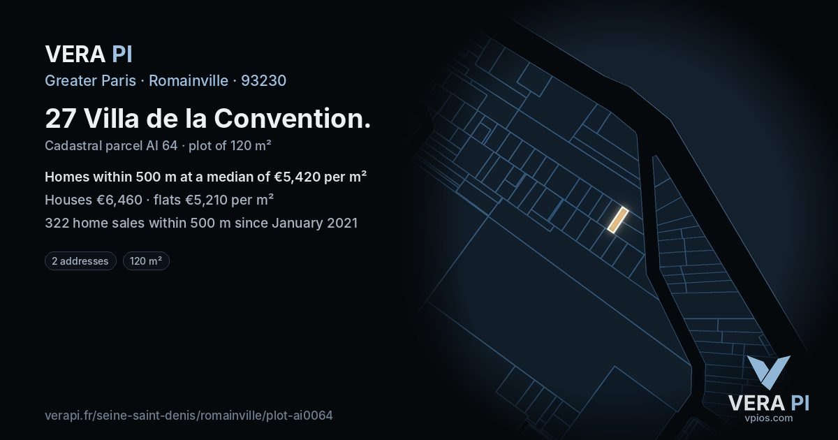27 Villa de la Convention, Romainville at night – the plot lit, the parcels around coloured by the prices near them