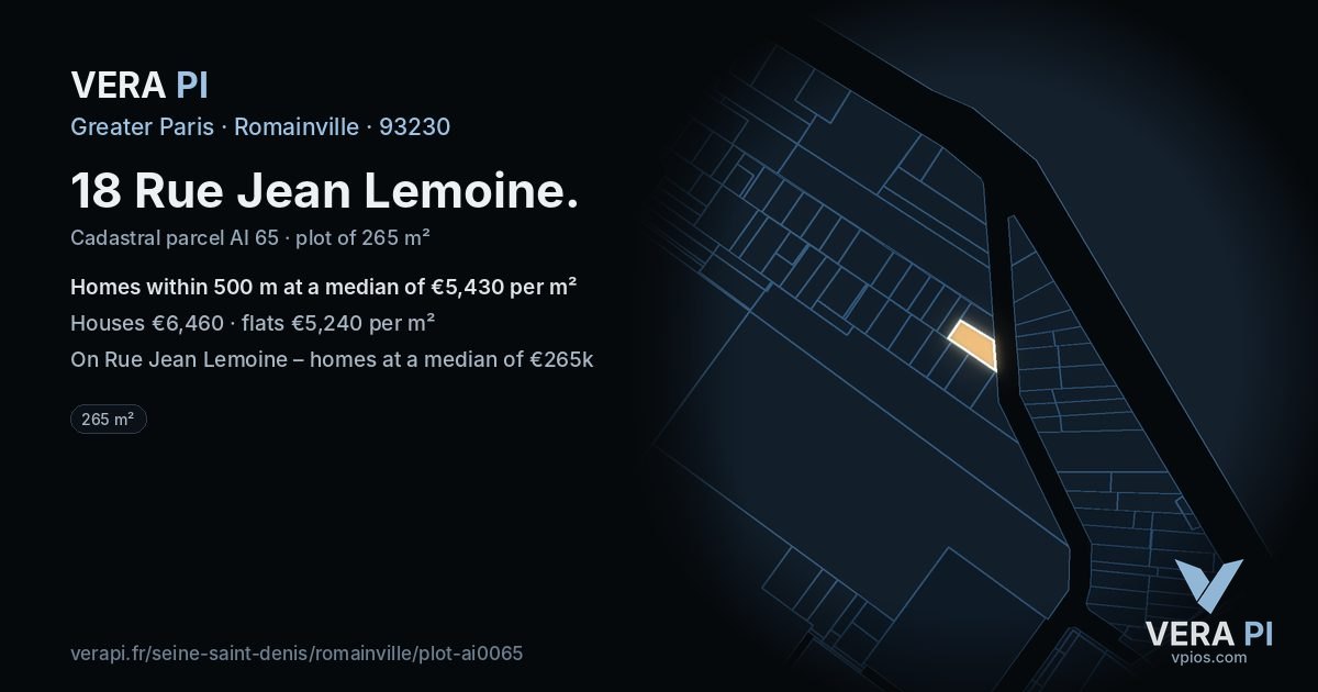 18 Rue Jean Lemoine, Romainville at night – the plot lit, the parcels around coloured by the prices near them