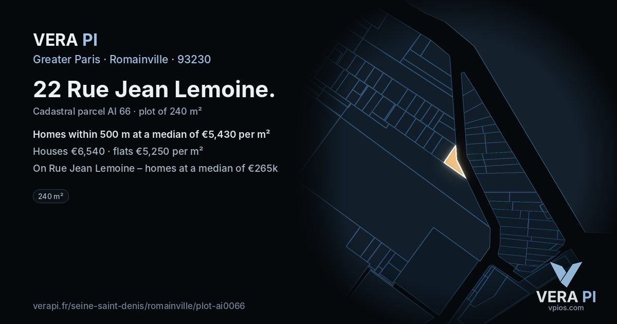 22 Rue Jean Lemoine, Romainville at night – the plot lit, the parcels around coloured by the prices near them