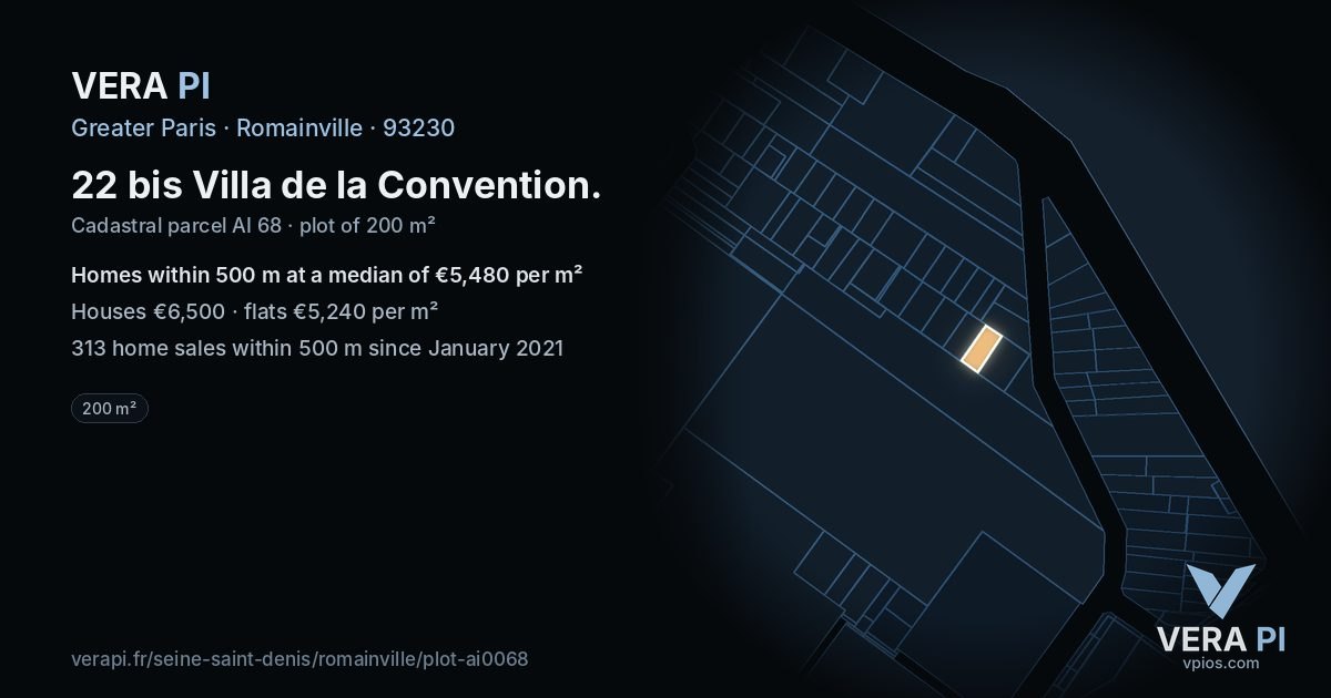 22 bis Villa de la Convention, Romainville at night – the plot lit, the parcels around coloured by the prices near them