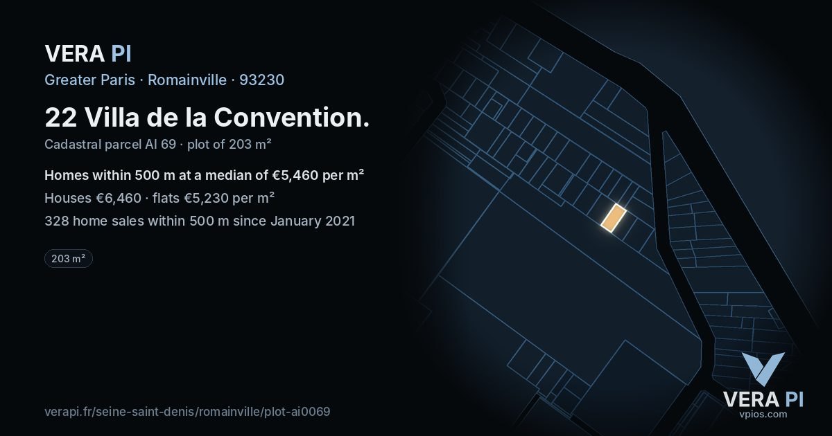 22 Villa de la Convention, Romainville at night – the plot lit, the parcels around coloured by the prices near them
