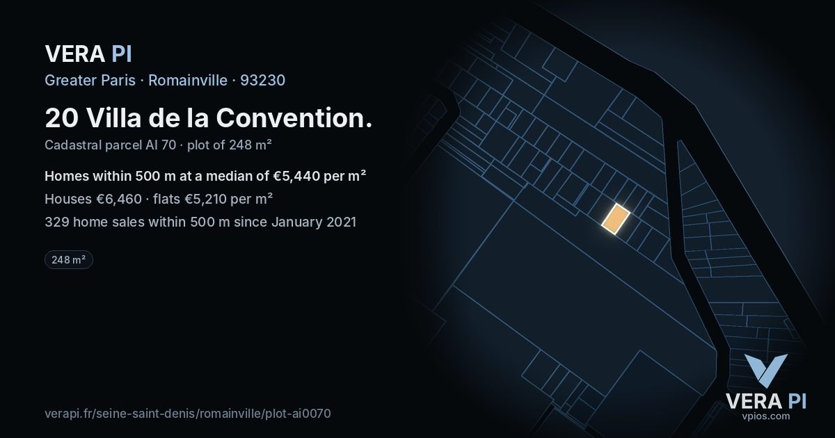 20 Villa de la Convention, Romainville at night – the plot lit, the parcels around coloured by the prices near them