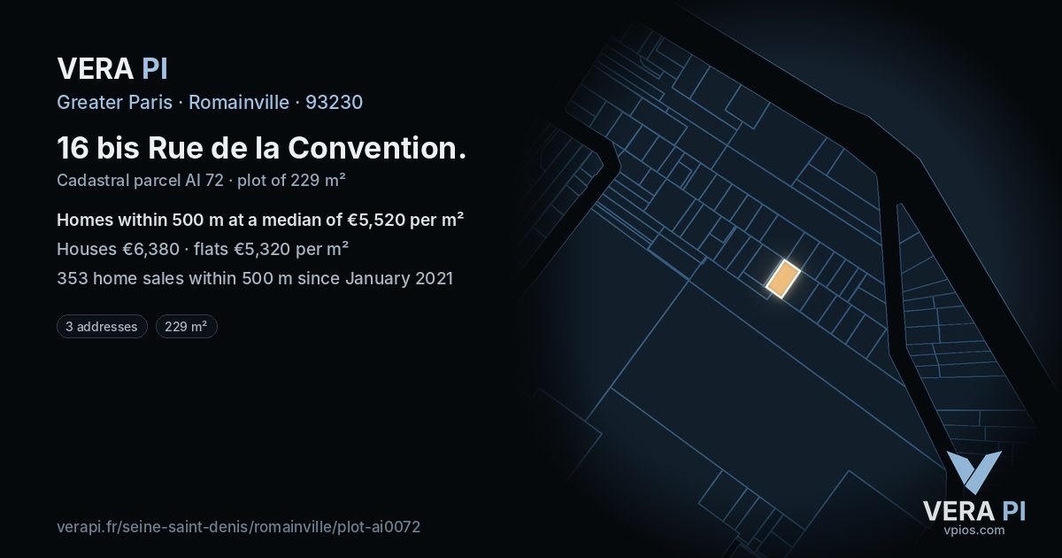 16 bis Rue de la Convention, Romainville at night – the plot lit, the parcels around coloured by the prices near them