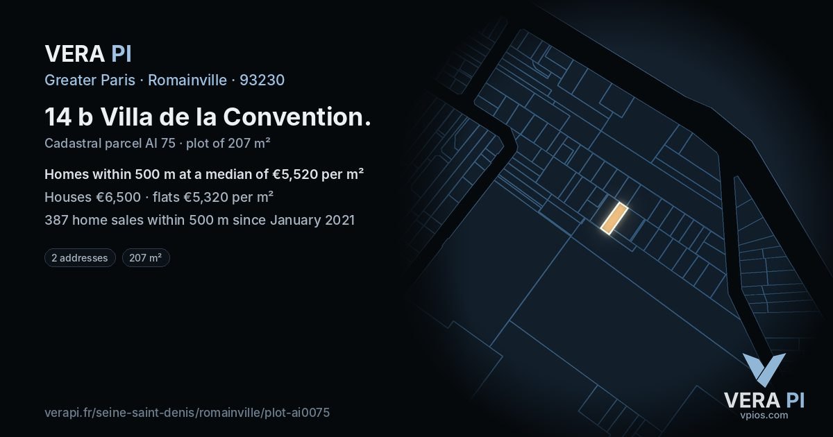 14 b Villa de la Convention, Romainville at night – the plot lit, the parcels around coloured by the prices near them
