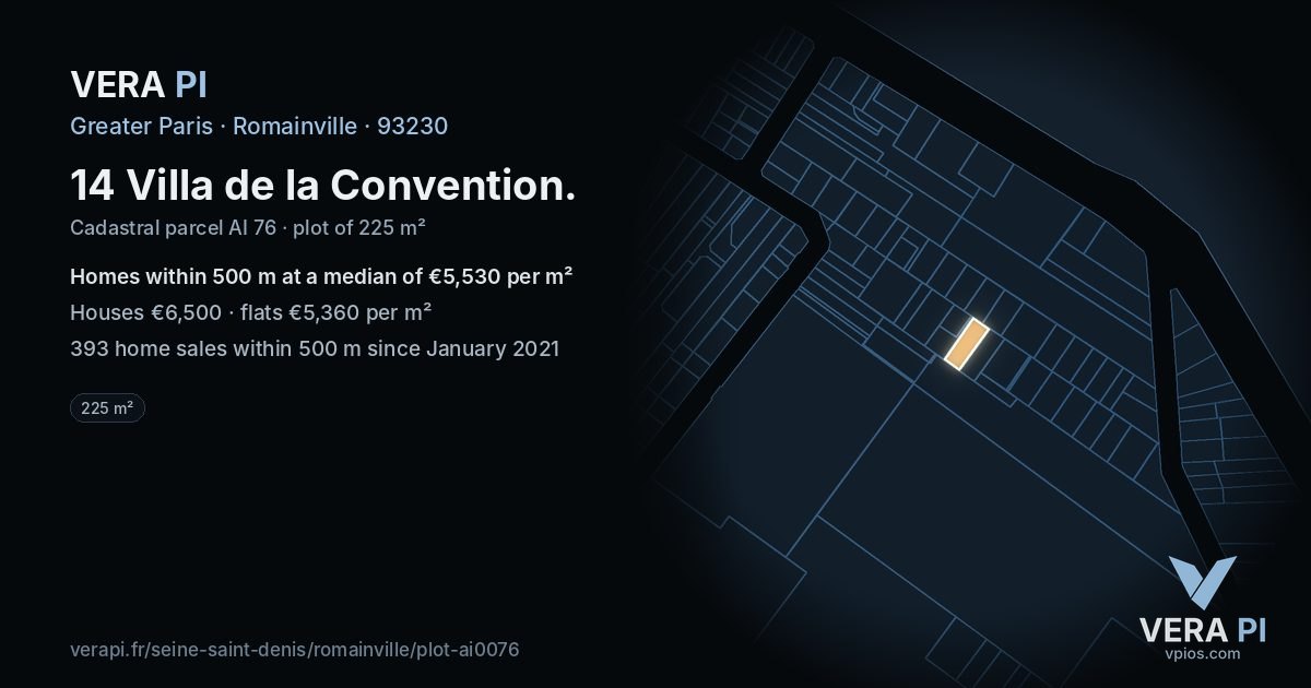 14 Villa de la Convention, Romainville at night – the plot lit, the parcels around coloured by the prices near them