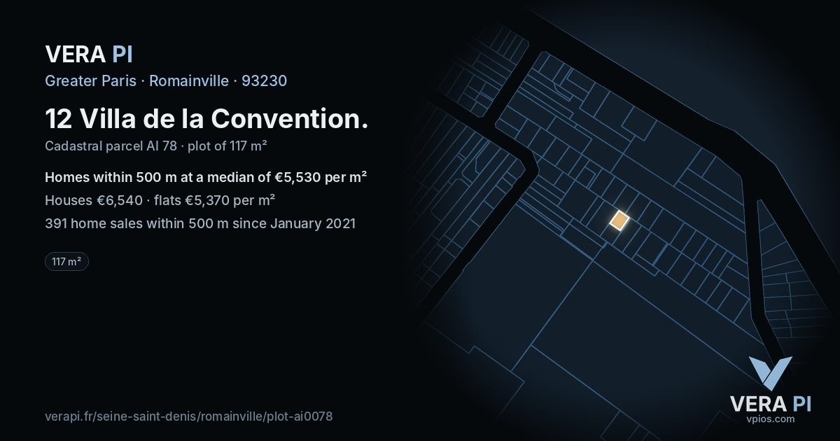 12 Villa de la Convention, Romainville at night – the plot lit, the parcels around coloured by the prices near them