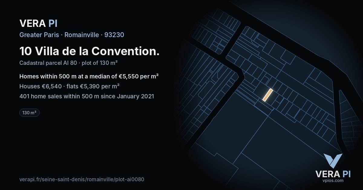 10 Villa de la Convention, Romainville at night – the plot lit, the parcels around coloured by the prices near them