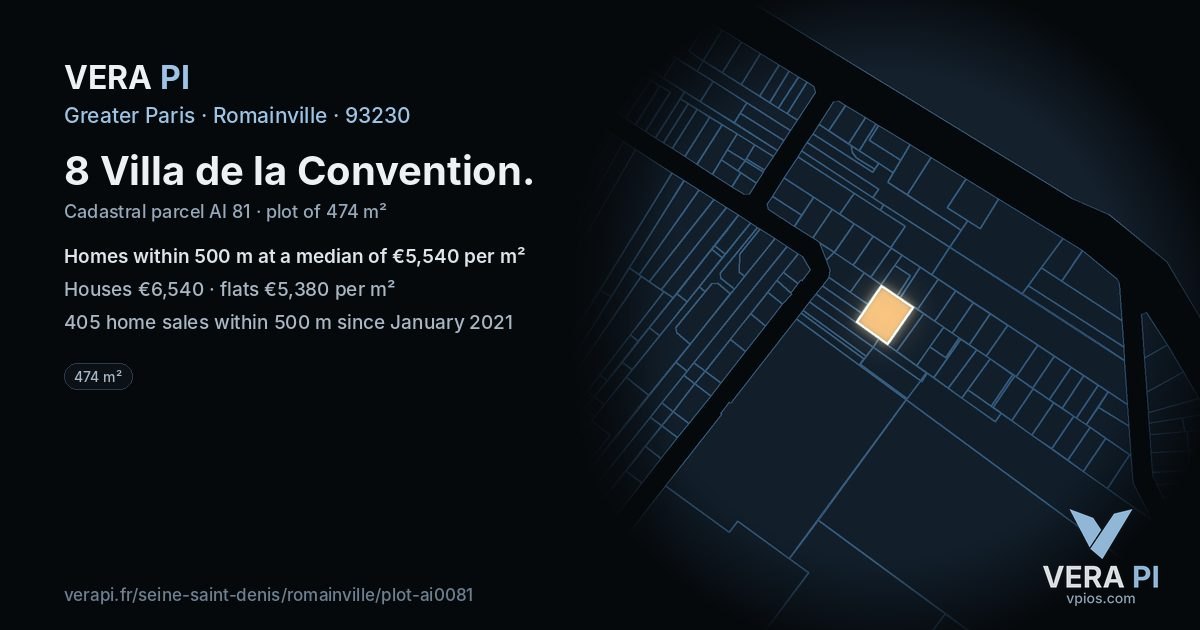 8 Villa de la Convention, Romainville at night – the plot lit, the parcels around coloured by the prices near them
