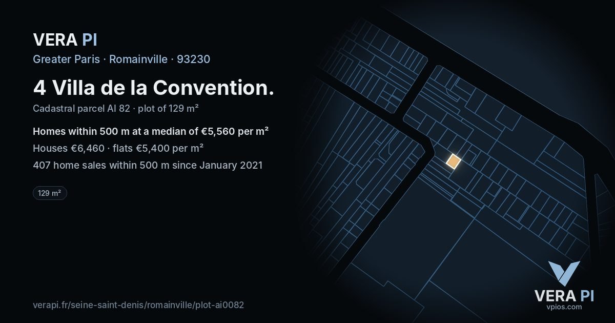 4 Villa de la Convention, Romainville at night – the plot lit, the parcels around coloured by the prices near them