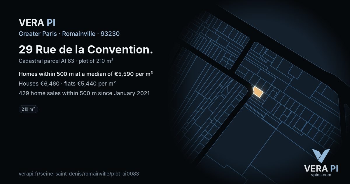 29 Rue de la Convention, Romainville at night – the plot lit, the parcels around coloured by the prices near them