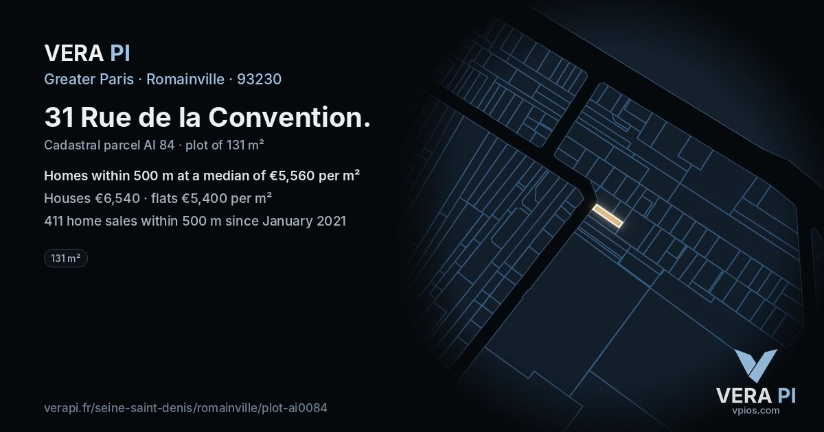 31 Rue de la Convention, Romainville at night – the plot lit, the parcels around coloured by the prices near them