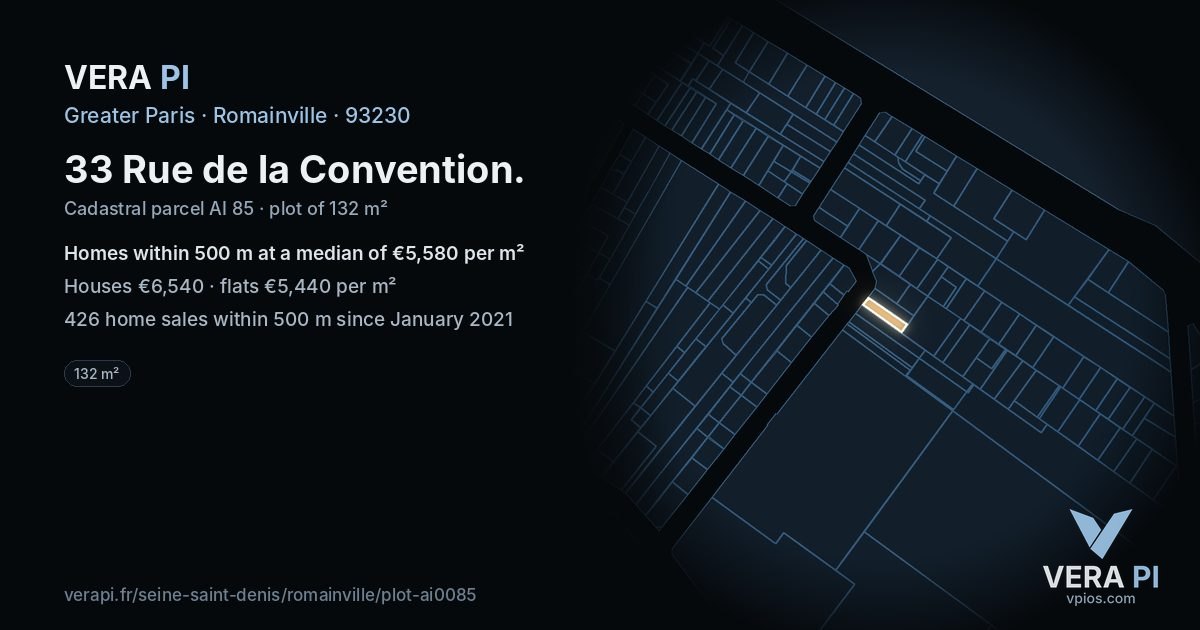 33 Rue de la Convention, Romainville at night – the plot lit, the parcels around coloured by the prices near them