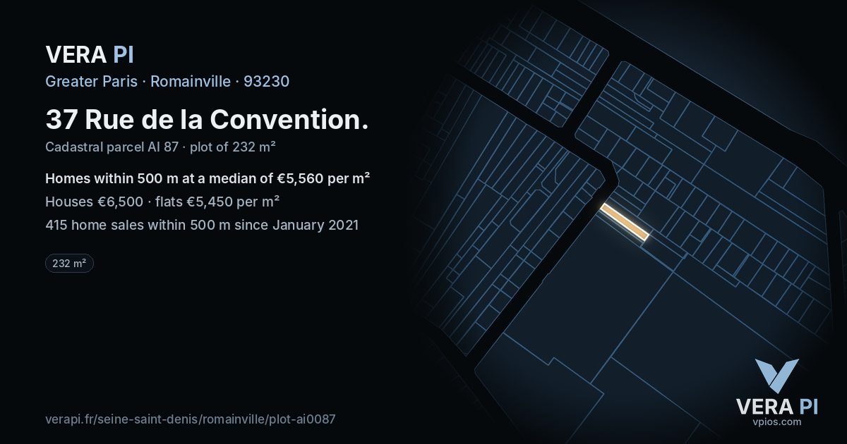 37 Rue de la Convention, Romainville at night – the plot lit, the parcels around coloured by the prices near them