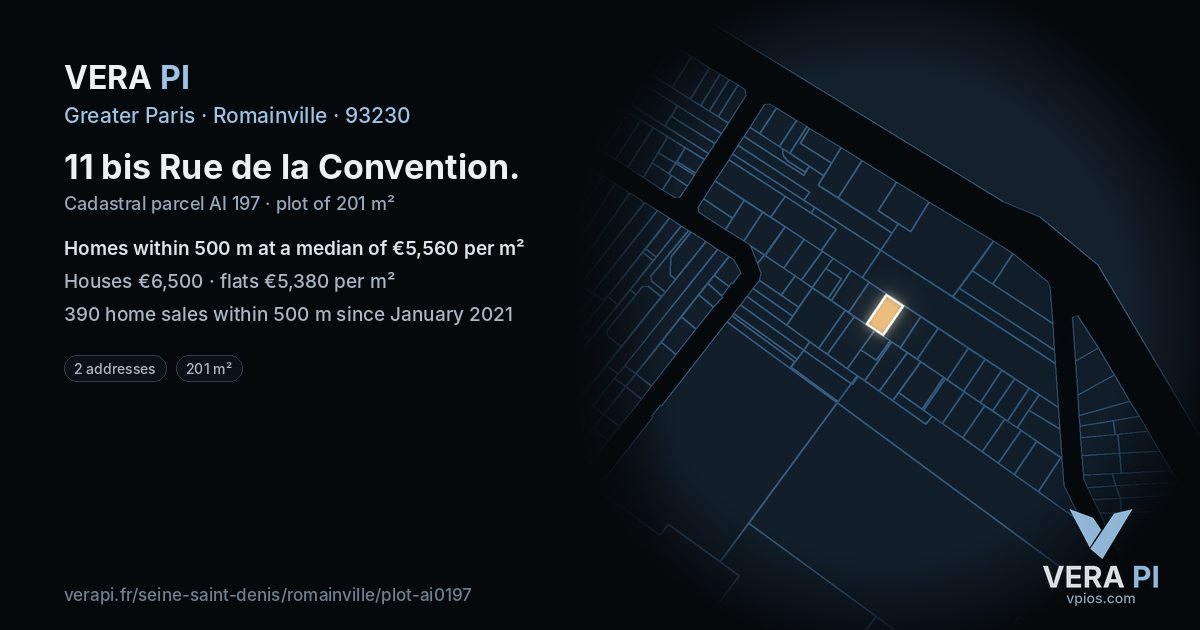 11 bis Rue de la Convention, Romainville at night – the plot lit, the parcels around coloured by the prices near them
