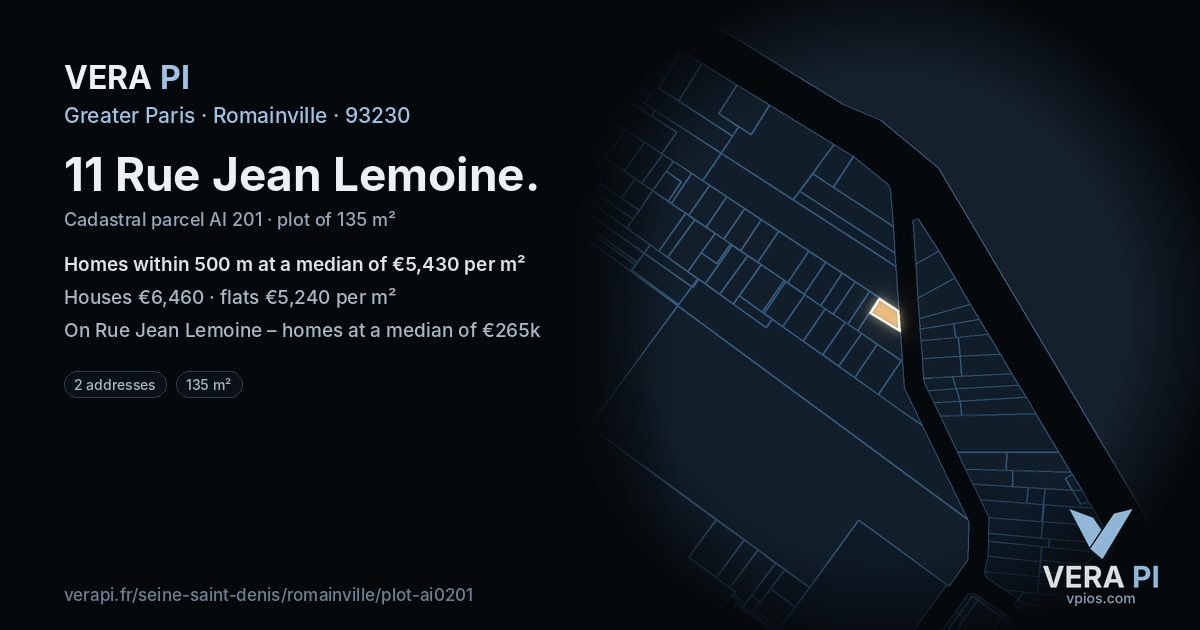 11 Rue Jean Lemoine, Romainville at night – the plot lit, the parcels around coloured by the prices near them