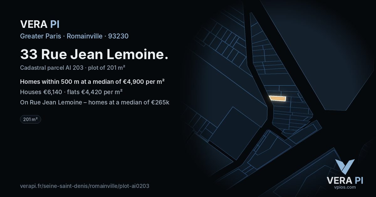 33 Rue Jean Lemoine, Romainville at night – the plot lit, the parcels around coloured by the prices near them
