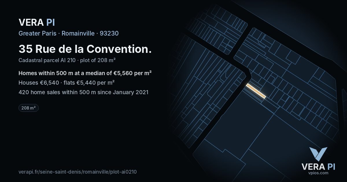 35 Rue de la Convention, Romainville at night – the plot lit, the parcels around coloured by the prices near them