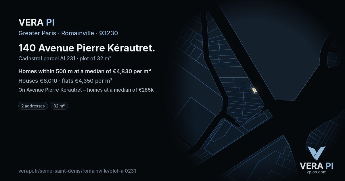 140 Avenue Pierre Kérautret, Romainville at night – the plot lit, the parcels around coloured by the prices near them