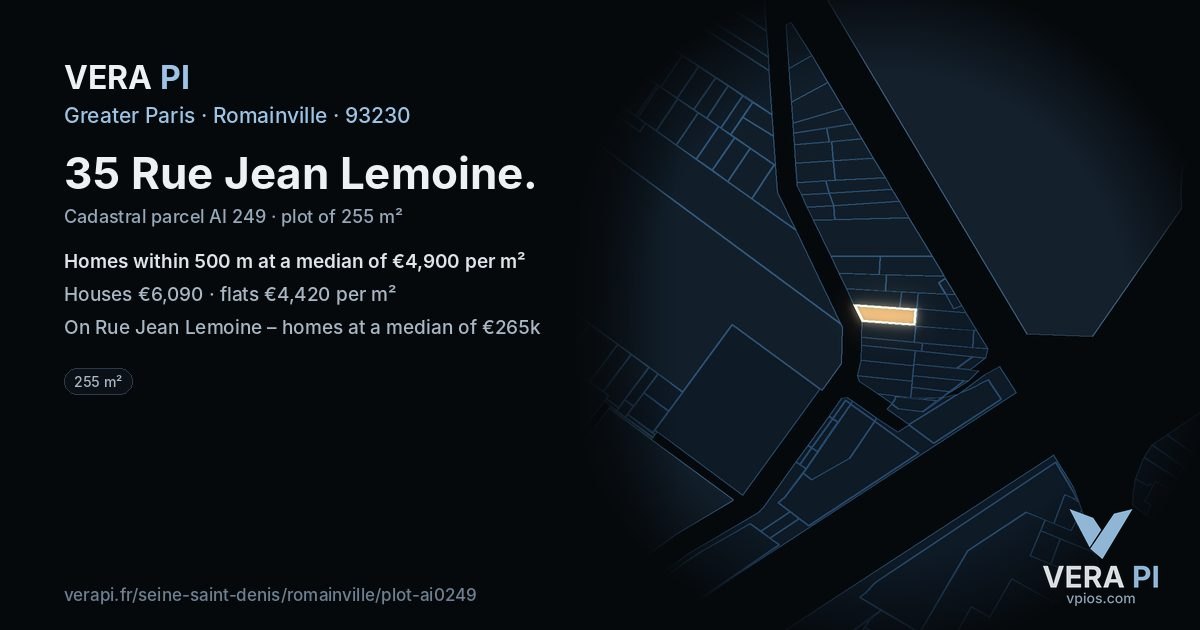 35 Rue Jean Lemoine, Romainville at night – the plot lit, the parcels around coloured by the prices near them