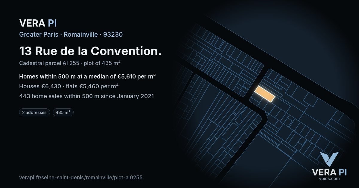13 Rue de la Convention, Romainville at night – the plot lit, the parcels around coloured by the prices near them