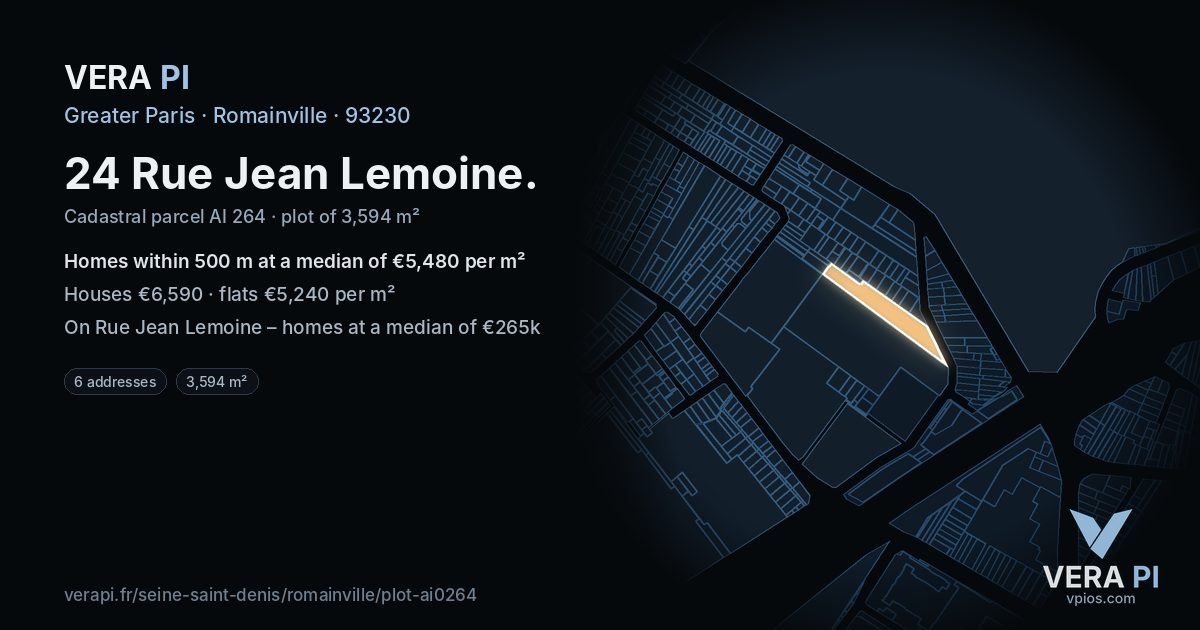 24 Rue Jean Lemoine, Romainville at night – the plot lit, the parcels around coloured by the prices near them