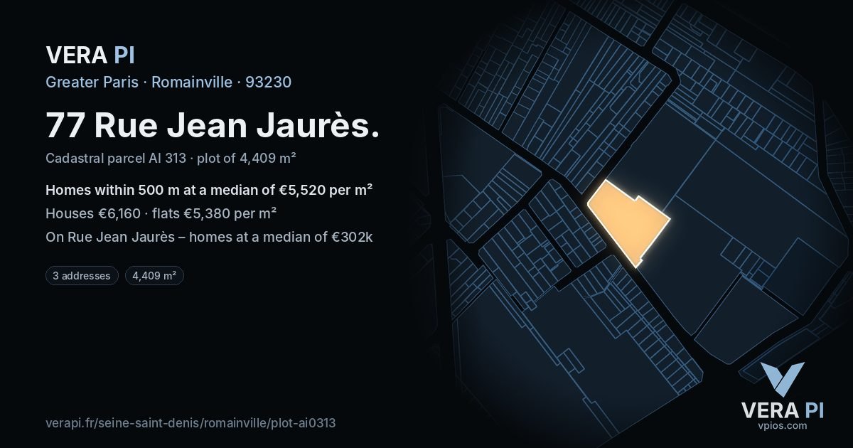 77 Rue Jean Jaurès, Romainville at night – the plot lit, the parcels around coloured by the prices near them