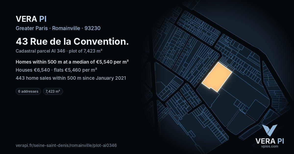 43 Rue de la Convention, Romainville at night – the plot lit, the parcels around coloured by the prices near them