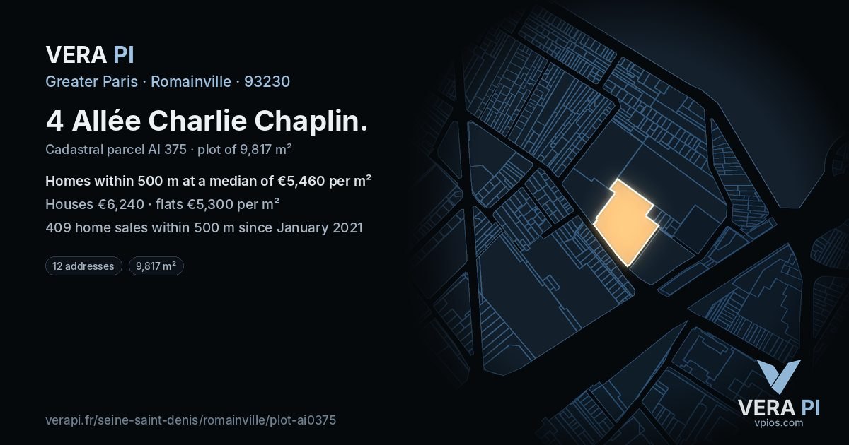 4 Allée Charlie Chaplin, Romainville at night – the plot lit, the parcels around coloured by the prices near them