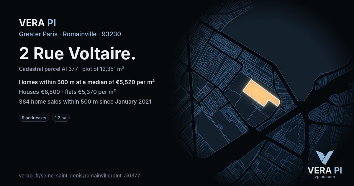 2 Rue Voltaire, Romainville at night – the plot lit, the parcels around coloured by the prices near them