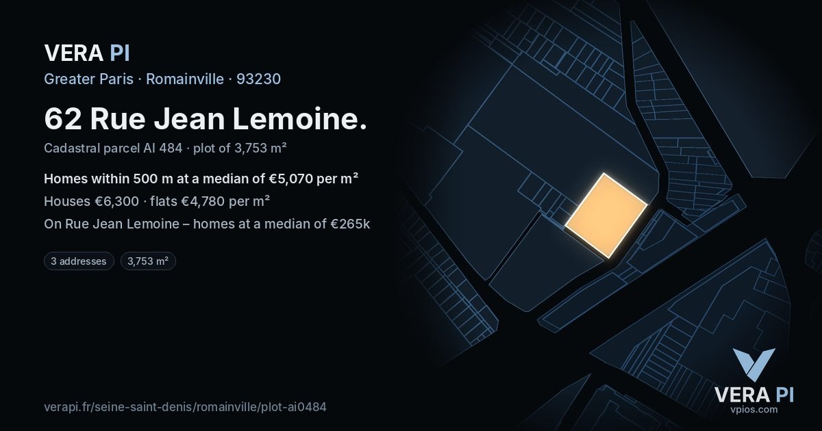 62 Rue Jean Lemoine, Romainville at night – the plot lit, the parcels around coloured by the prices near them