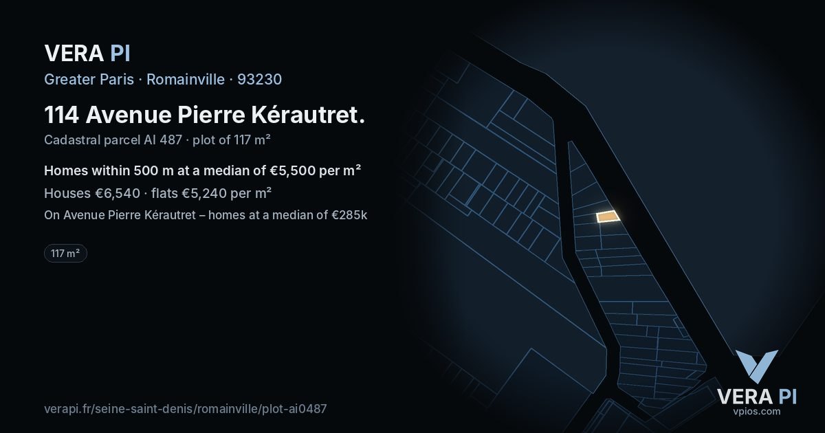 114 Avenue Pierre Kérautret, Romainville at night – the plot lit, the parcels around coloured by the prices near them