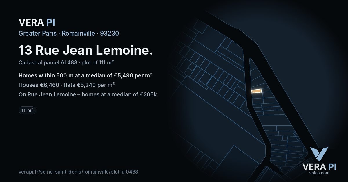 13 Rue Jean Lemoine, Romainville at night – the plot lit, the parcels around coloured by the prices near them