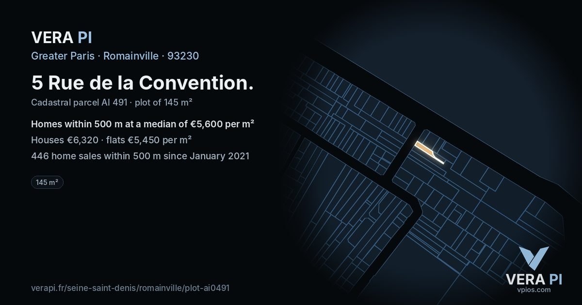 5 Rue de la Convention, Romainville at night – the plot lit, the parcels around coloured by the prices near them