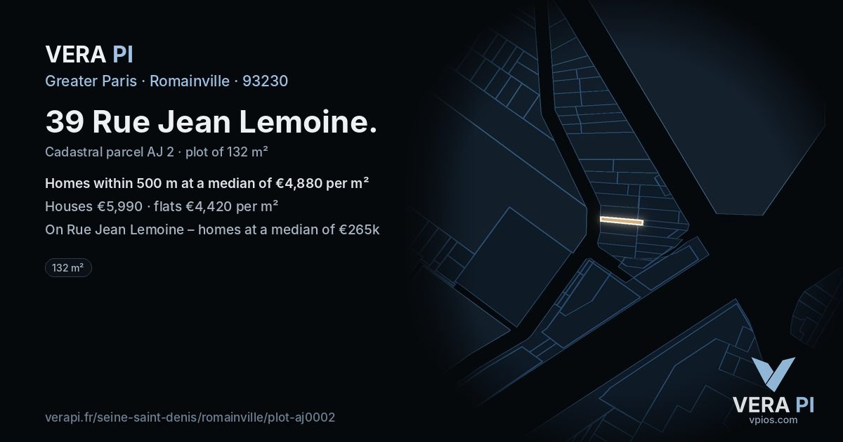39 Rue Jean Lemoine, Romainville at night – the plot lit, the parcels around coloured by the prices near them