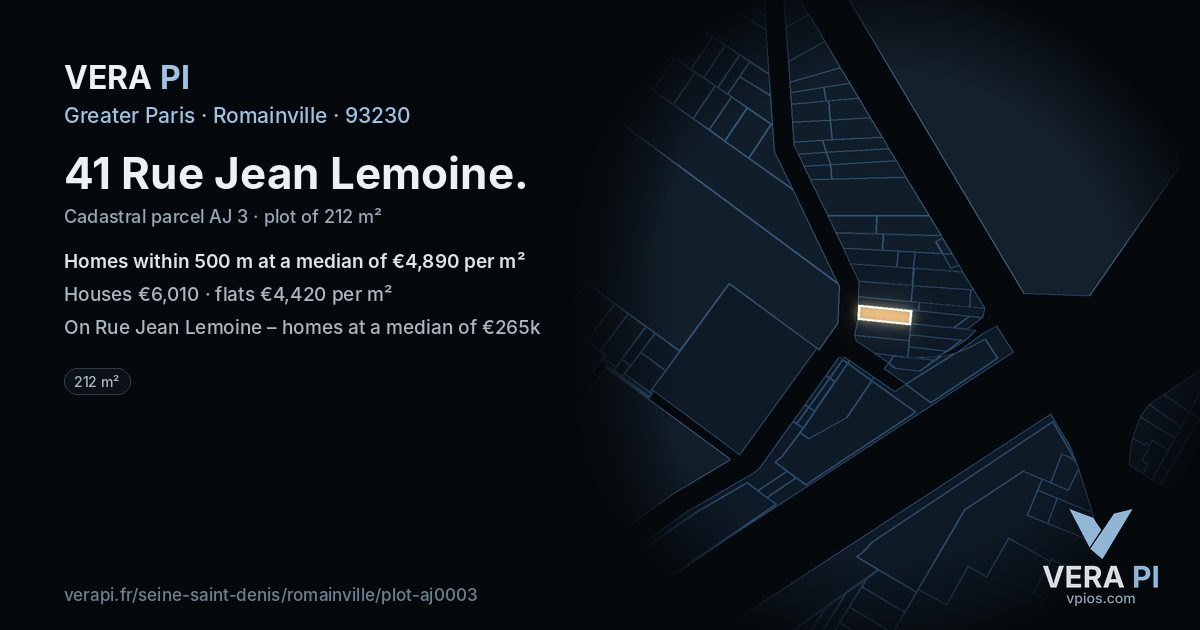 41 Rue Jean Lemoine, Romainville at night – the plot lit, the parcels around coloured by the prices near them