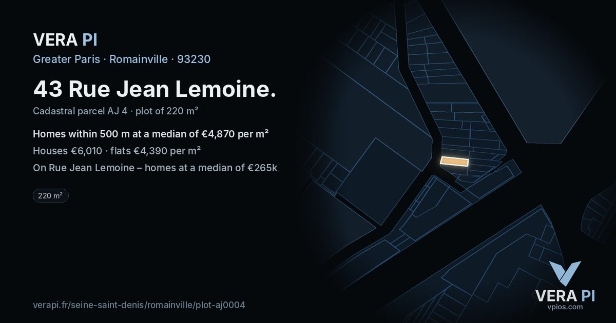 43 Rue Jean Lemoine, Romainville at night – the plot lit, the parcels around coloured by the prices near them