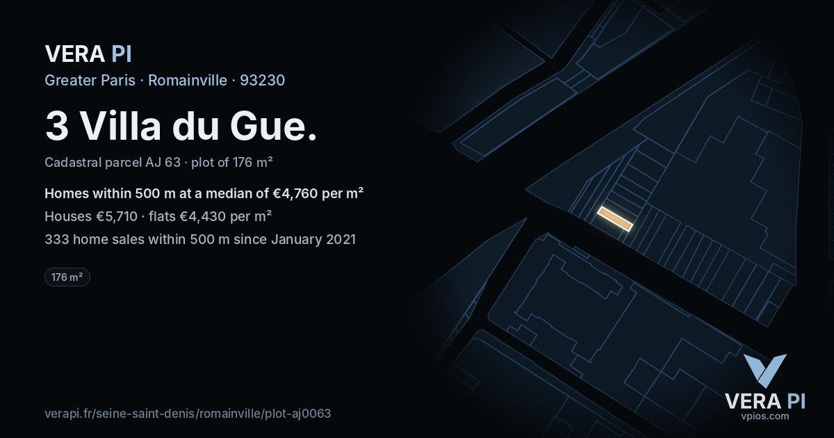 3 Villa du Gue, Romainville at night – the plot lit, the parcels around coloured by the prices near them