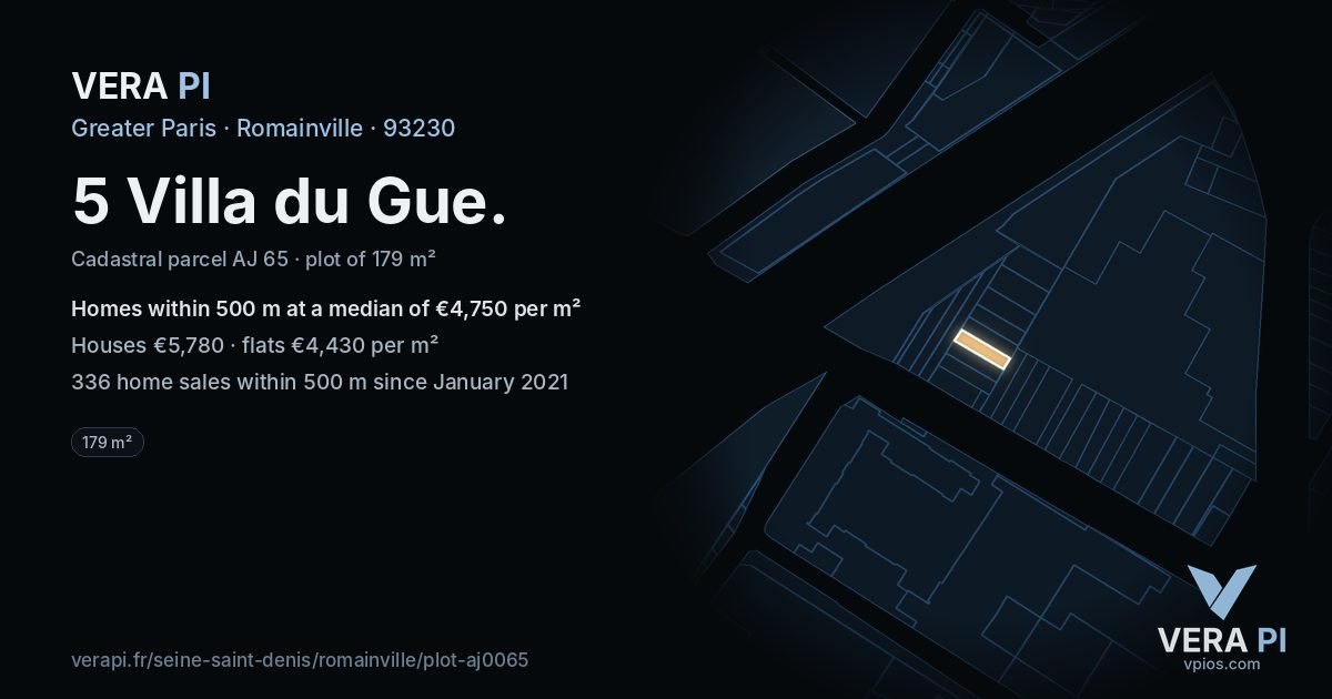5 Villa du Gue, Romainville at night – the plot lit, the parcels around coloured by the prices near them