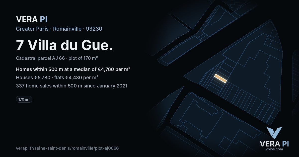 7 Villa du Gue, Romainville at night – the plot lit, the parcels around coloured by the prices near them