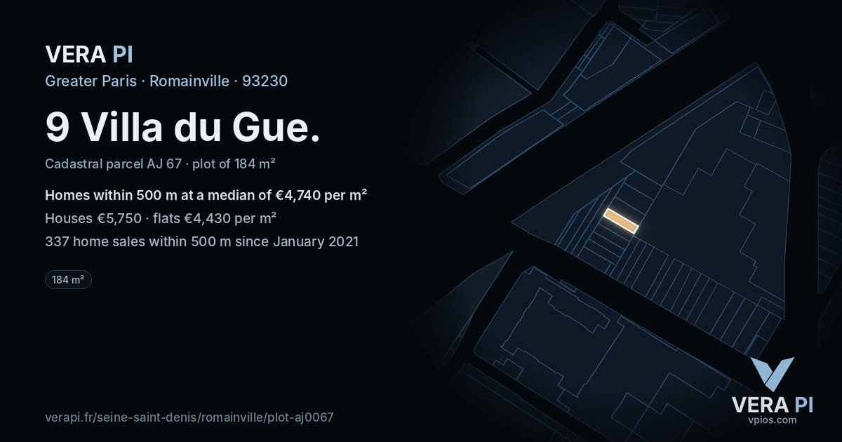 9 Villa du Gue, Romainville at night – the plot lit, the parcels around coloured by the prices near them