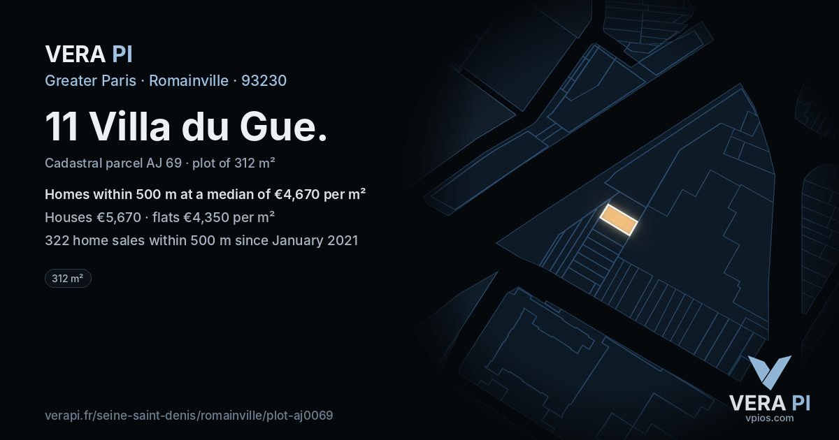 11 Villa du Gue, Romainville at night – the plot lit, the parcels around coloured by the prices near them