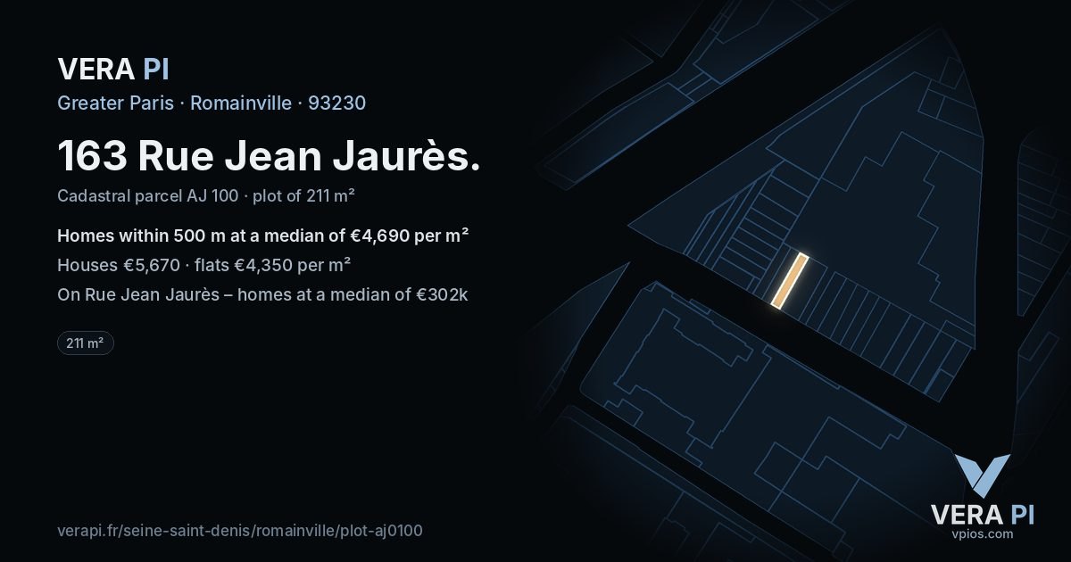 163 Rue Jean Jaurès, Romainville at night – the plot lit, the parcels around coloured by the prices near them