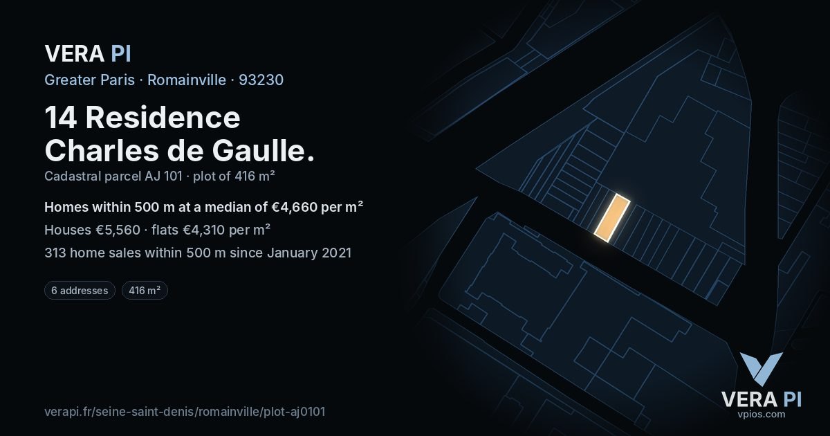 14 Residence Charles de Gaulle, Romainville at night – the plot lit, the parcels around coloured by the prices near them