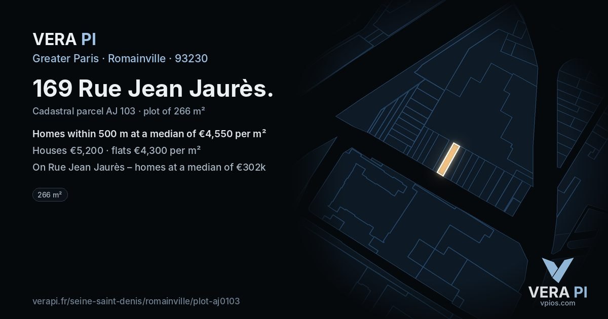 169 Rue Jean Jaurès, Romainville at night – the plot lit, the parcels around coloured by the prices near them