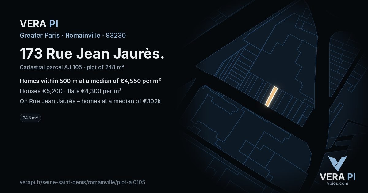 173 Rue Jean Jaurès, Romainville at night – the plot lit, the parcels around coloured by the prices near them