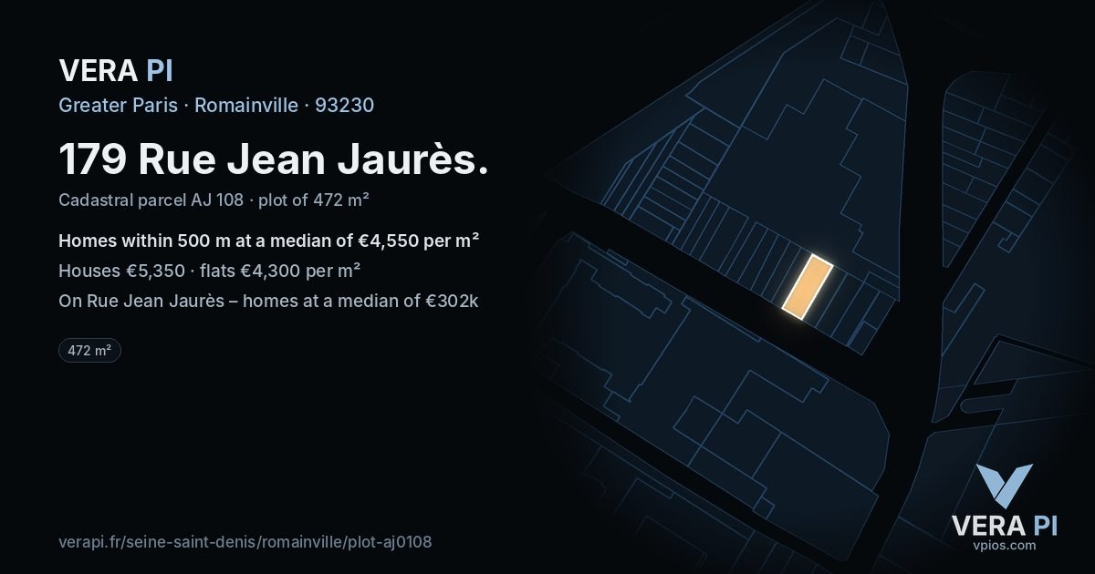 179 Rue Jean Jaurès, Romainville at night – the plot lit, the parcels around coloured by the prices near them