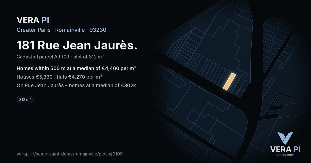181 Rue Jean Jaurès, Romainville at night – the plot lit, the parcels around coloured by the prices near them