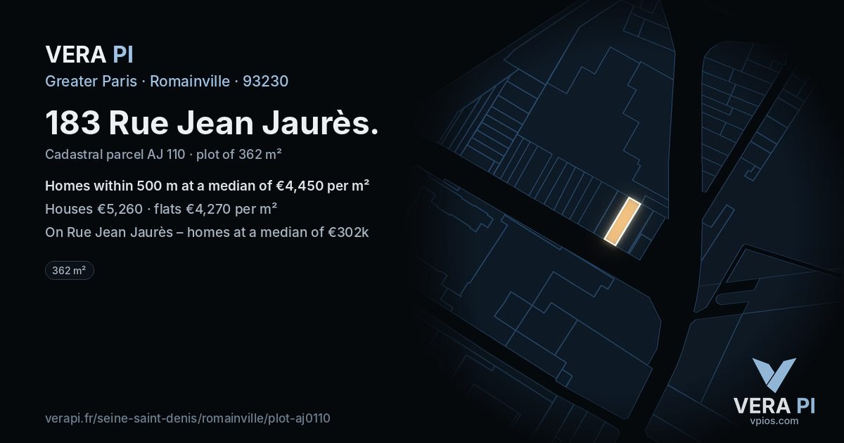 183 Rue Jean Jaurès, Romainville at night – the plot lit, the parcels around coloured by the prices near them